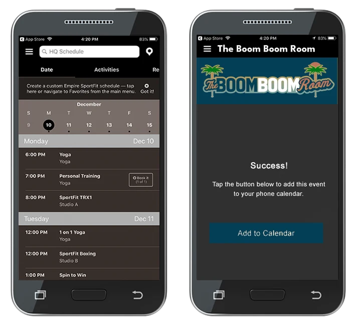 Boom Boom Room mobile app booking screens